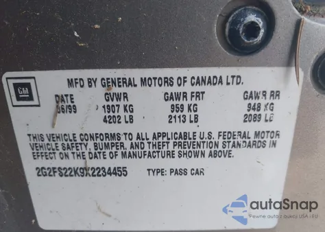 1999 Pontiac Firebird из США, поврежденный, VIN 2G2FS22K9X2234455